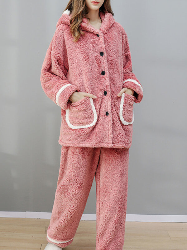 Airchics ensemble de pyjama flanelle boutons poches à capuche manches longues femme mignon oversized