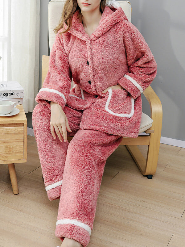 Airchics ensemble de pyjama flanelle boutons poches à capuche manches longues femme mignon oversized