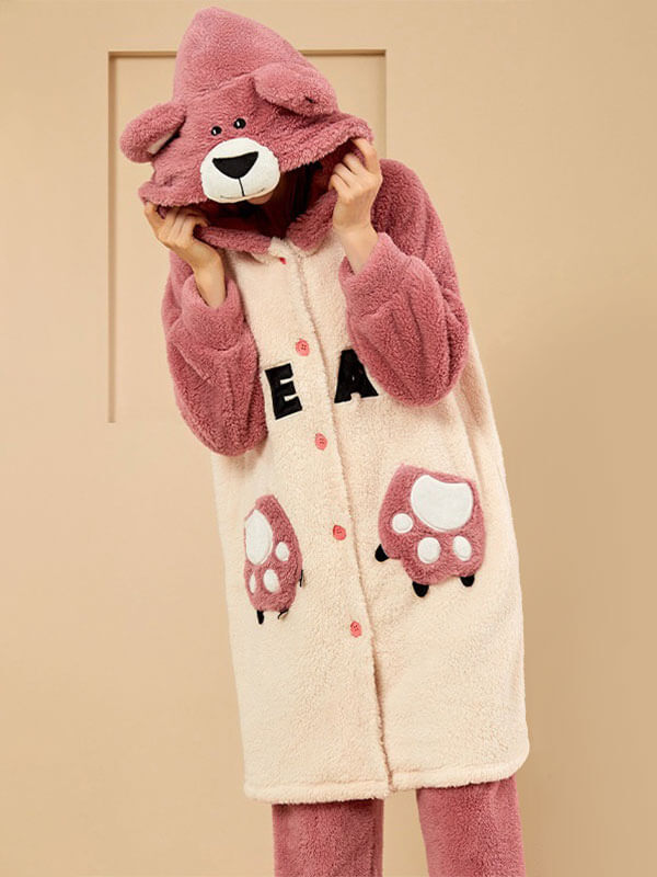 Airchics ensemble de pyjama lettres flanelle boutons poches à capuche manches longues femme mignon oversized