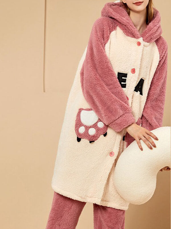 Airchics ensemble de pyjama lettres flanelle boutons poches à capuche manches longues femme mignon oversized