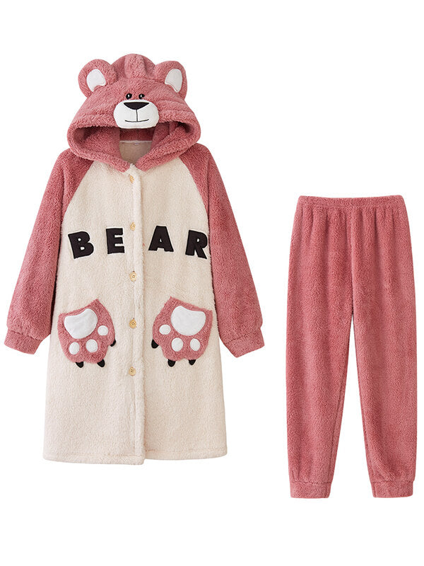 Airchics ensemble de pyjama lettres flanelle boutons poches à capuche manches longues femme mignon oversized