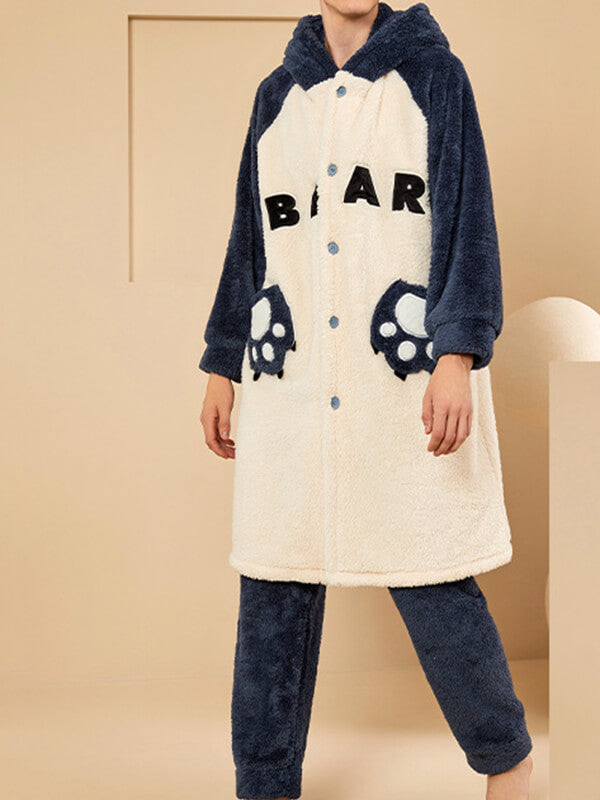 Airchics ensemble de pyjama lettres flanelle boutons poches à capuche manches longues femme mignon oversized