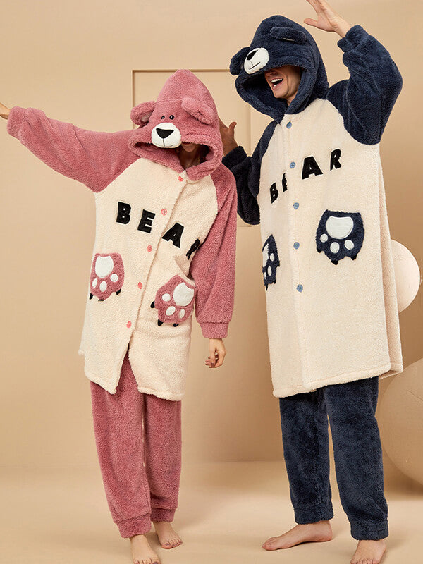 Airchics ensemble de pyjama lettres flanelle boutons poches à capuche manches longues femme mignon oversized