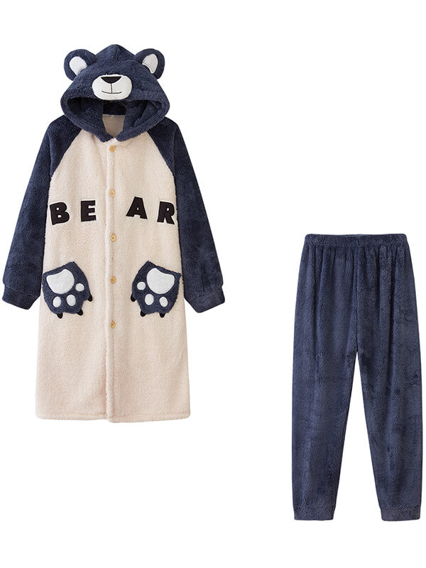 Airchics ensemble de pyjama lettres flanelle boutons poches à capuche manches longues femme mignon oversized