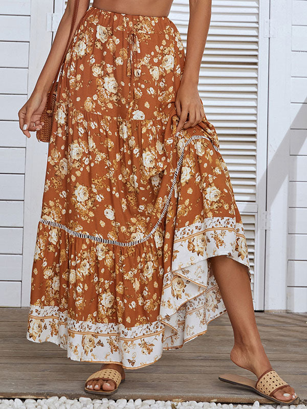 Airchics jupe coton imprimé à fleurie à volantée nœud bohème plage