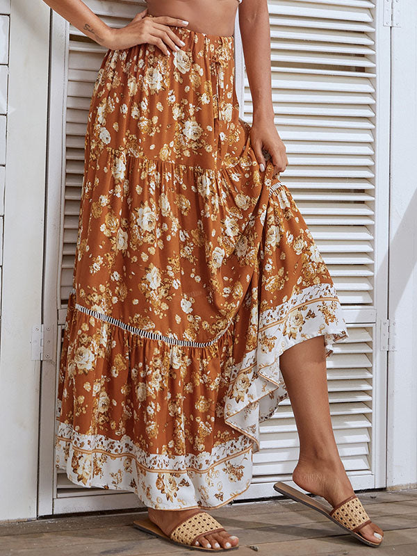 Airchics jupe coton imprimé à fleurie à volantée nœud bohème plage