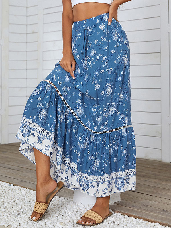 Airchics jupe coton imprimé à fleurie à volantée nœud bohème plage