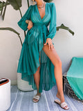 Airchics robe longue mousseline court devant longue derriere à volantée ceinture v-cou mode plage