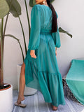 Airchics robe longue mousseline court devant longue derriere à volantée ceinture v-cou mode plage