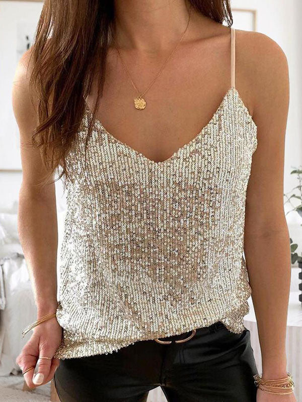 Airchics débardeur à fines brides brillante paillette v-cou sans manches femme mode
