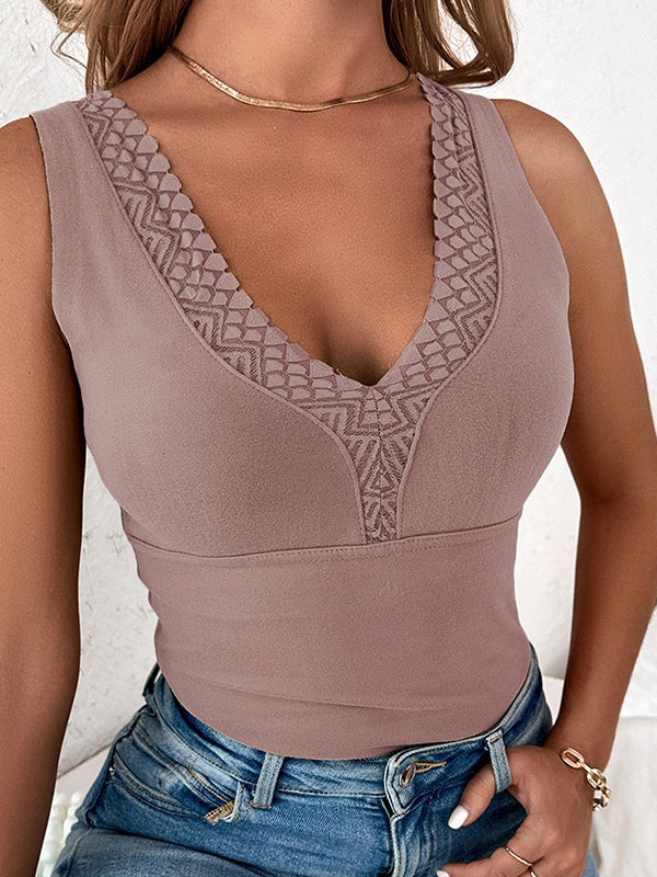 Airchics débardeur matelassé doublé de polaire chaude en dentelle contrastée v-cou sans manches femme mode hiver