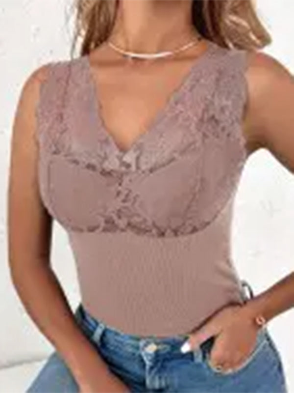 Airchics débardeur unicolore dentelle molleton v-cou sans manches femme mode automne hiver