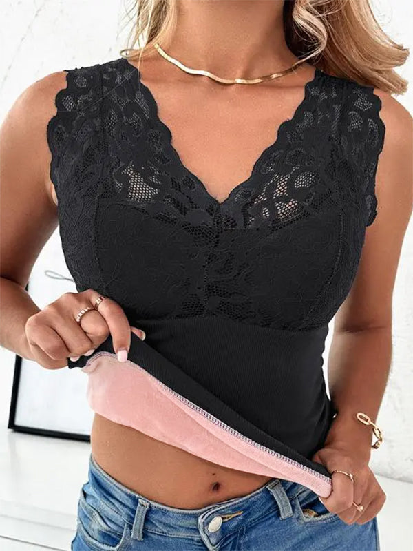 Airchics débardeur unicolore dentelle molleton v-cou sans manches femme mode automne hiver