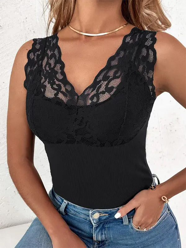 Airchics débardeur unicolore dentelle molleton v-cou sans manches femme mode automne hiver