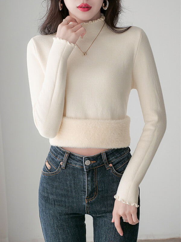 Airchics hauts unicolore doublé polaire col roulé manches longues femme casual