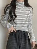 Airchics hauts rayé doublé polaire coton col roulé manches longues femme mode