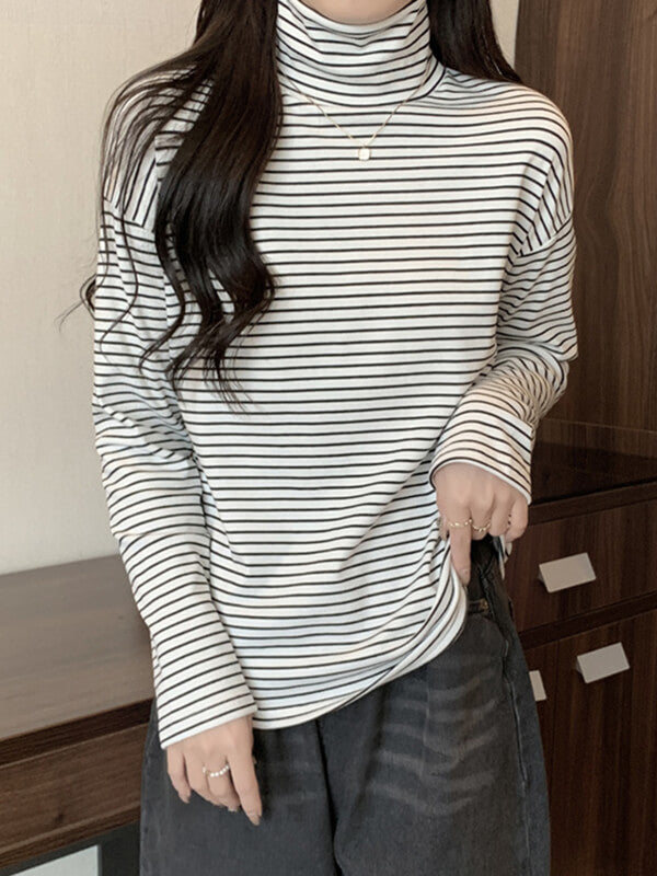 Airchics hauts rayé doublé polaire coton col roulé manches longues femme mode