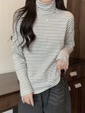 Airchics hauts rayé doublé polaire coton col roulé manches longues femme mode