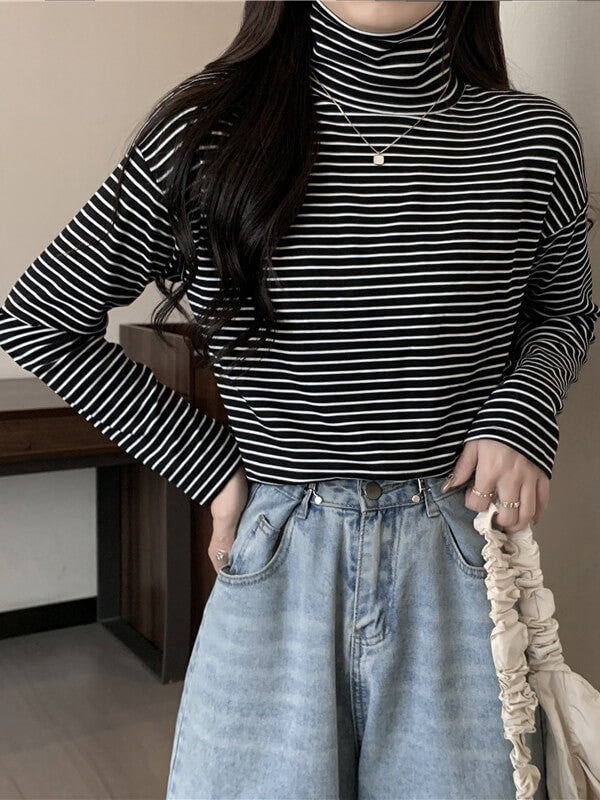 Airchics hauts rayé doublé polaire coton col roulé manches longues femme mode