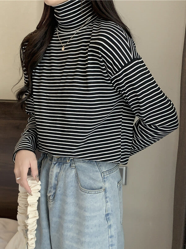 Airchics hauts rayé doublé polaire coton col roulé manches longues femme mode