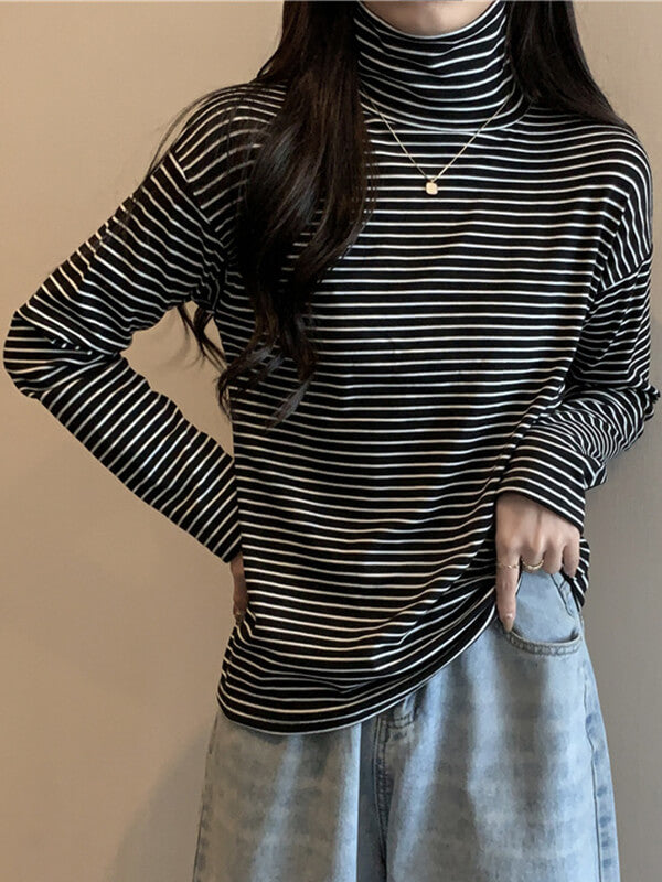 Airchics hauts rayé doublé polaire coton col roulé manches longues femme mode