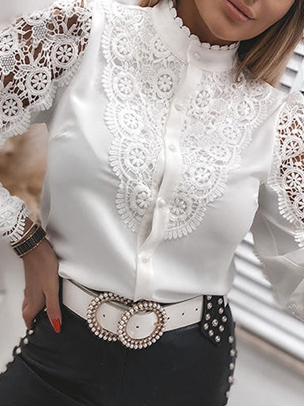 Airchics chemisier avec dentelle évider boutonnage col cheminée mode femme blouse