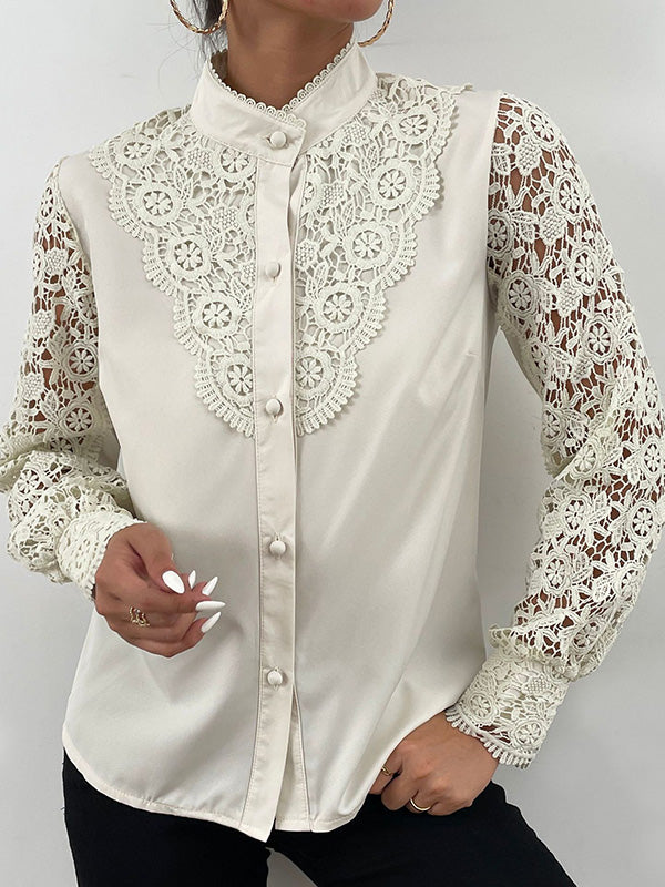 Airchics chemisier avec dentelle évider boutonnage col cheminée mode femme blouse