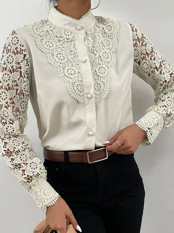 Airchics chemisier avec dentelle évider boutonnage col cheminée mode femme blouse