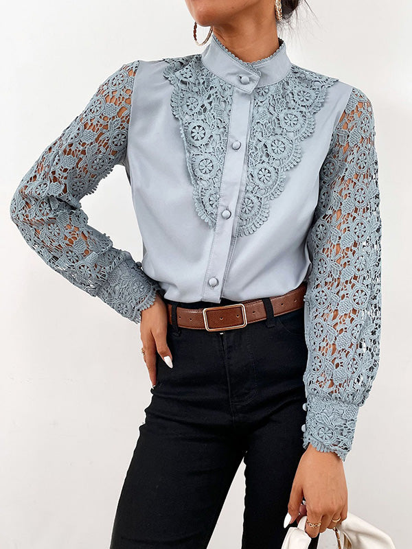 Airchics chemisier avec dentelle évider boutonnage col cheminée mode femme blouse