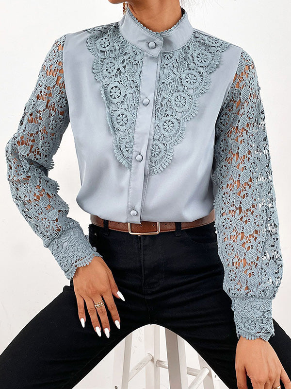 Airchics chemisier avec dentelle évider boutonnage col cheminée mode femme blouse