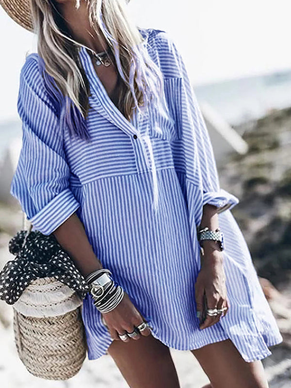 Airchics mi-longue blouse robe rayé boutons boho manches longues femme ovesized casual