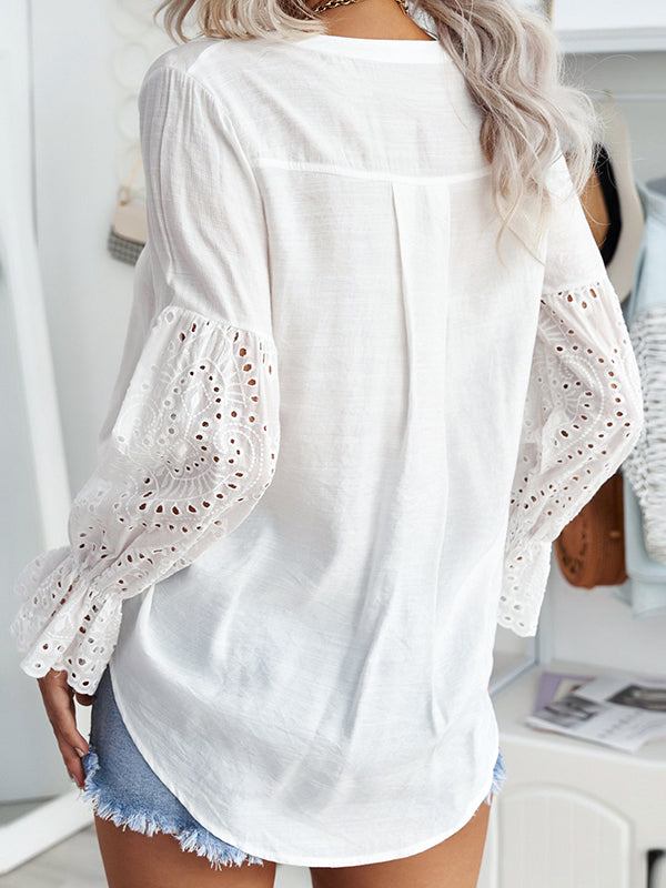 Airchics blouse broderie anglaise à volantée fluide boutonnage v-cou manches bishop femme élégant chemisier