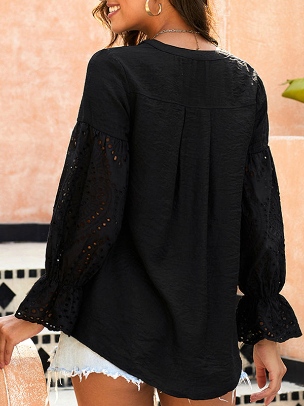 Airchics blouse broderie anglaise à volantée fluide boutonnage v-cou manches bishop femme élégant chemisier