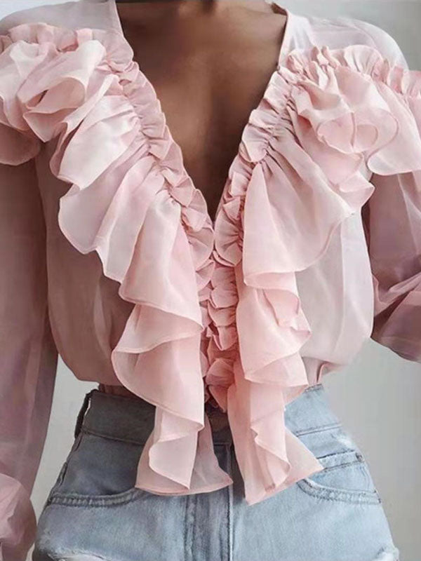 Airchics blouse à volantée mousseline plissé v-cou manches longues femme élégant