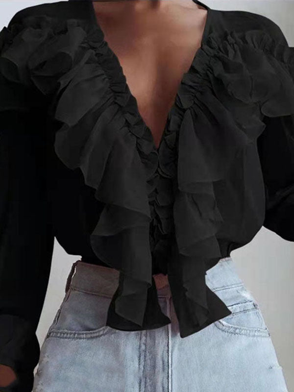Airchics blouse à volantée mousseline plissé v-cou manches longues femme élégant