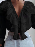 Airchics blouse à volantée mousseline plissé v-cou manches longues femme élégant
