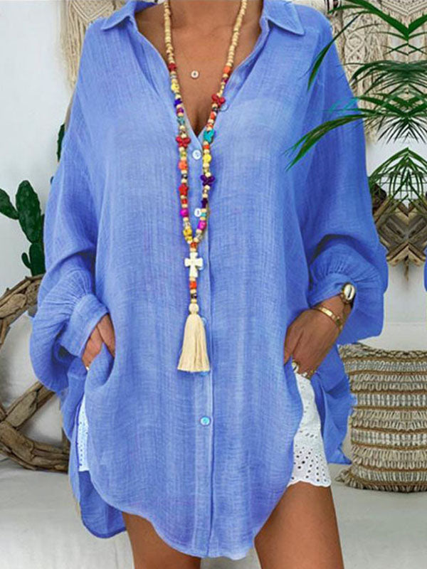 Airchics mi-longue blouse robe oversized boutonnage manches longues femme bohème chemisier