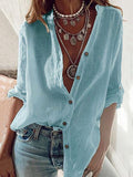 Airchics mi-longue blouse en lin coton boutonnage v-cou femme manches longues casual chemisier
