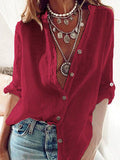 Airchics mi-longue blouse en lin coton boutonnage v-cou femme manches longues casual chemisier