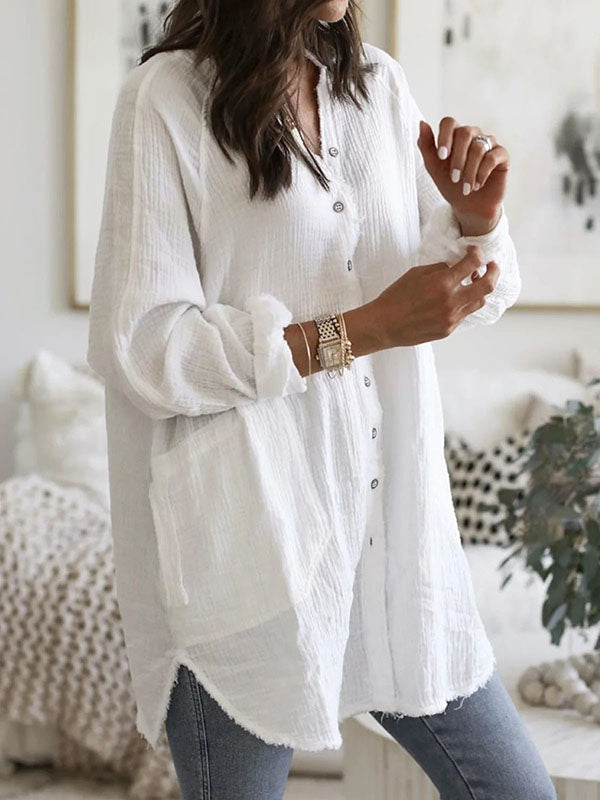 Airchics mi-longue blouse robe en lin boutonnage avec poches v-cou femme manches longues casual ample