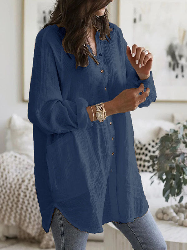 Airchics mi-longue blouse robe en lin boutonnage avec poches v-cou femme manches longues casual ample