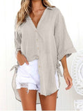 Airchics mi-longue blouse robe en lin coton boutonnage v-cou manches 3/4 femme casual chemisier