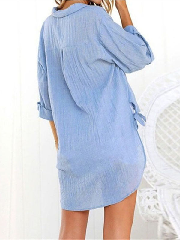 Airchics mi-longue blouse robe en lin coton boutonnage v-cou manches 3/4 femme casual chemisier