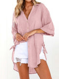 Airchics mi-longue blouse robe en lin coton boutonnage v-cou manches 3/4 femme casual chemisier