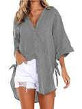 Airchics mi-longue blouse robe en lin coton boutonnage v-cou manches 3/4 femme casual chemisier