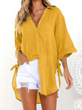 Airchics mi-longue blouse robe en lin coton boutonnage v-cou manches 3/4 femme casual chemisier