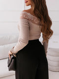Airchics blouse dentelle col bateau slim manches longues femme élégant tops