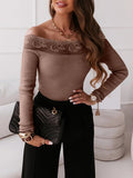 Airchics blouse dentelle col bateau slim manches longues femme élégant tops