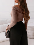 Airchics blouse dentelle col bateau slim manches longues femme élégant tops