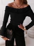 Airchics blouse dentelle col bateau slim manches longues femme élégant tops